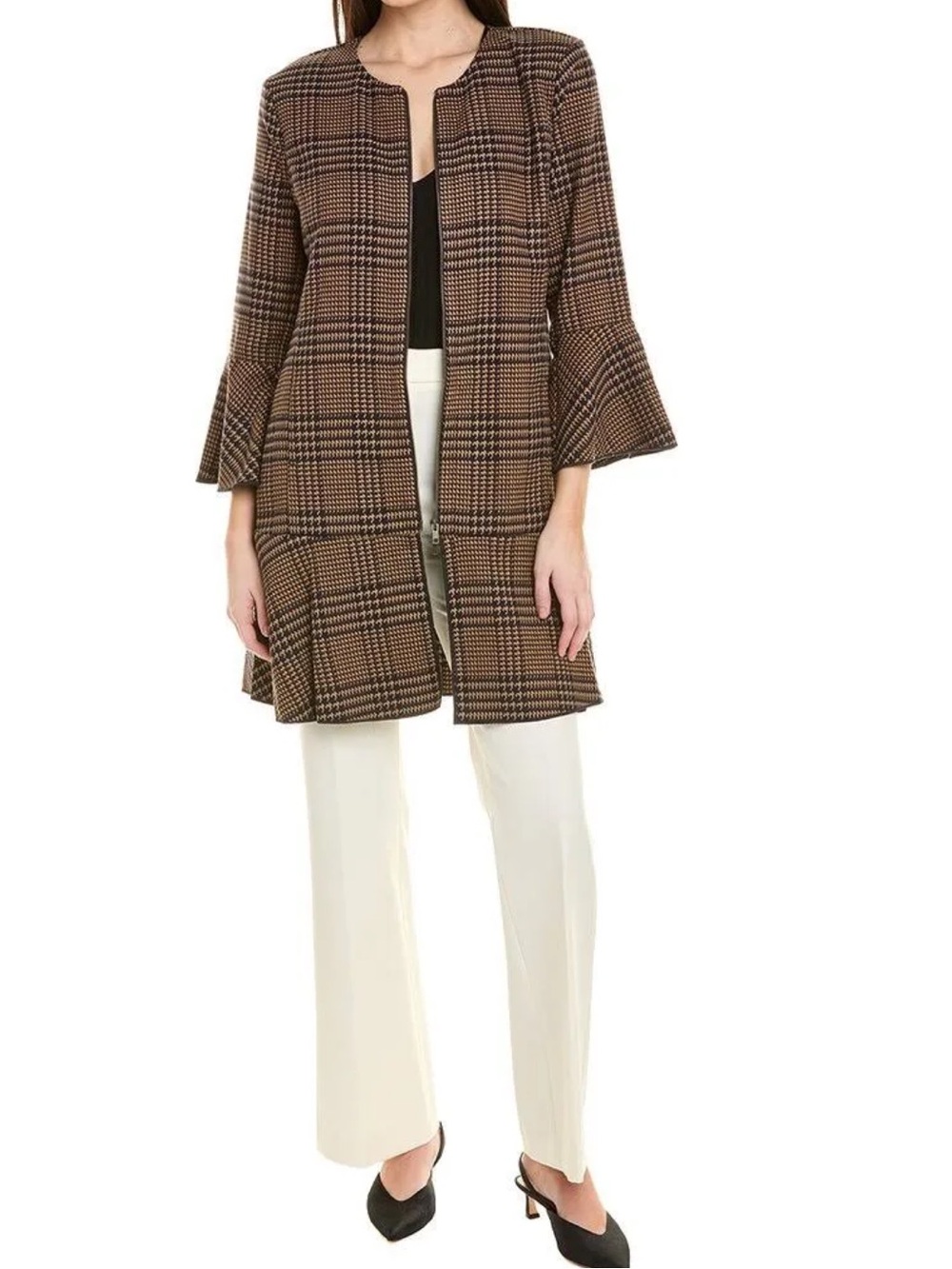 Cabi Flounce Jacket Tan Brown Navy Tartan Plaid Size XS